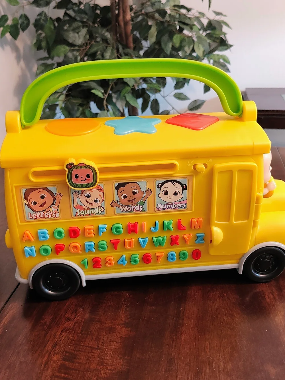 Yellow Alphabet & Numbers Learning Bus with Green Handle - Interactive Kids Toy